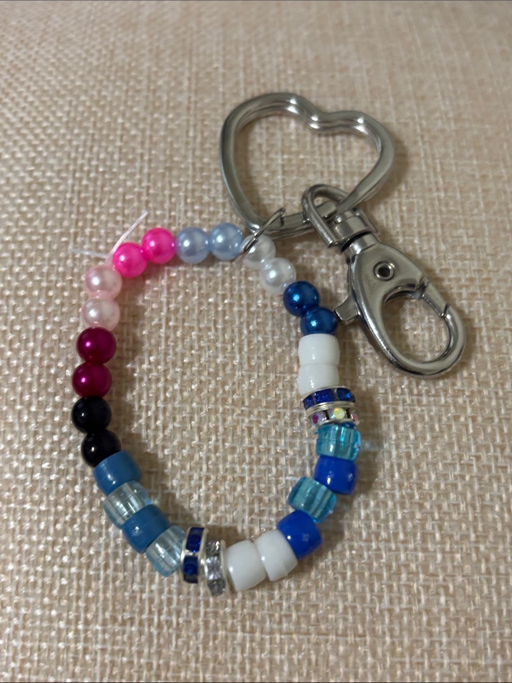 Hand Crafted Multicolor Beaded Heart Keychain with Blue Accents